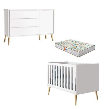 Imagem de Berço Americano E Cômoda Infantil 1 Porta Theo Branco Pés Madeira Com Colchão Gazin - R...
