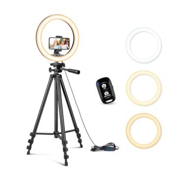 Imagem de Tripé Extensível 50'' com Luz Circular de LED de 12'' Preto, USB Powered, Suporte Clip para Celular, Ideal para Transmissão ao Vivo, Maquiagem, Vídeos do YouTube e TikTok