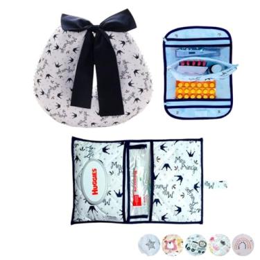 Imagem de Necessaire Porta Remédios Portátil + Porta Fraldas, lenço Umedecido e Pomada + Almofada Amamentação Para Bebê(MEU PRÍNCIPE MARINHO)