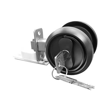 Imagem de Fechadura de porta preta com chave e fundo de 60 mm de 60 mm, puxador de porta escondido embutido redondo, trava de hardware de níquel escovado acetinado, trava de porta de bolso deslizante para celeiro com puxador de anel