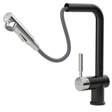 Imagem de TORVA Torneiras de cozinha de puxar para baixo, torneira de pia de cozinha de aço inoxidável com pulverizador de puxar alça única com placa de convés, preto matéria + cromo