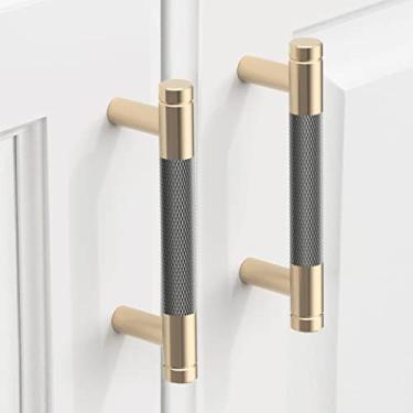 Imagem de 9BUILD Pacote com 10 puxadores de armário serrilhados de 7,6 cm, puxadores de armário de cozinha cinzentos dourados escovados, puxadores de cozinha para armários, puxadores de cômoda de latão, puxador