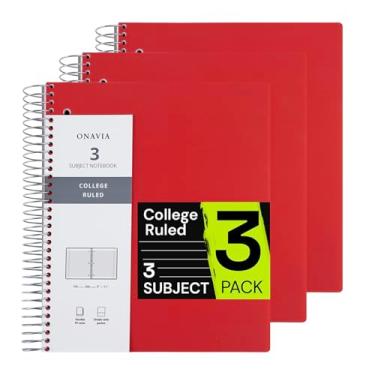 Imagem de ONAVIA Caderno espiral para escola pacote com 3, 3 matérias, papel pautado universitário, 150 folhas, 23 x 28 cm, 3 divisórias com bolsos, 3 furos perfurados, capa de plástico, diário forrado a granel