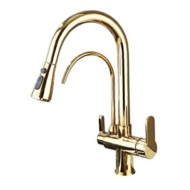 Imagem de HUAHUALALA Torneira de pia de cozinha com pulverizador de puxar para baixo 2 alças 3 em 1 torneiras purificadoras de filtro de água, torneira de latão para água potável, torneira de osmose reversa,
