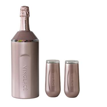 Imagem de Conjunto de presente de champanhe Vinglace – Manga isolante portátil para garrafas de vinho e champanhe – 2 taças de champanhe – Parede dupla com aço inoxidável e copos de vidro (ouro rosa)