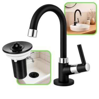 Imagem de Kit Torneira Bancada Banheiro Lavabo Preta Giratória Abertura 1/4 Arejador Fixo + Válvula Escoamento Ralo Pia 7/8"