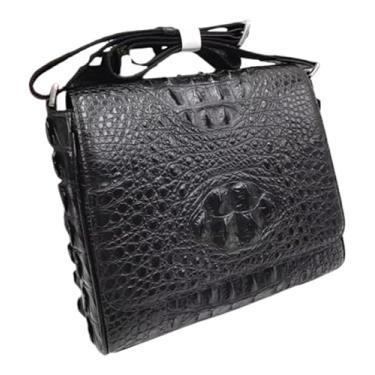 Imagem de Bolsa masculina com aba casual de couro de jacaré genuíno em pele de crocodilo real exótica bolsa de ombro única masculina bolsa mensageiro, Preto, 26cm(Width) x 28cm(Height) x 12cm(Deep)