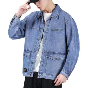Imagem de Jaqueta Jeans Masculina, Jaqueta Jeans Jaqueta Masculina Solta Multi Bolso Tendência Joer Jaqueta Bonita Tamanho Grande Lapela Casaco Casual Jaqueta Longa
