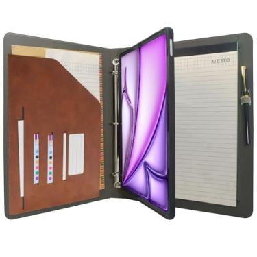Imagem de Capa organizadora para tablet com fichário de 3 anéis, pasta de arquivo com suporte removível para tablet, compatível com iPad Air de 13 polegadas M3 (2025)/M2 (2024), marrom