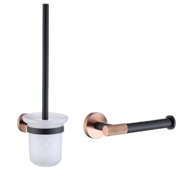Imagem de Conjunto de banheiro preto e ouro rosa - Suporte para papel higiênico e toalheiro de aço inoxidável 304 - Kit de montagem em parede, conjunto completo