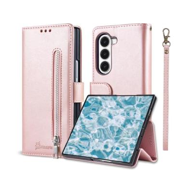 Imagem de BFKUSPN Capa carteira de couro PU compatível com Samsung Galaxy Z Fold6 com bloqueio de RFID, porta-cartão de crédito, capa flip com bolso com zíper, compartimentos de crédito, homens e mulheres (ouro