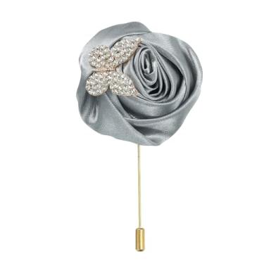 Imagem de uxcell Broche de lapela rosa para ternos masculinos, broche de flores de pano feito à mão com folha de ouro/corrente para acessórios de casamento de noivo, cinza