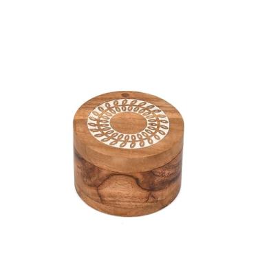 Imagem de NIRMAN Spice Celler madeira de acácia redonda com tampas giratórias magnéticas decoração de cozinha de fazenda para armazenar temperos (8,9 cm x 9 cm x 6,3 cm)
