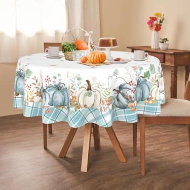 Imagem de Yighty Toalha de mesa redonda de outono, colheita de outono de Ação de Graças, toalha de mesa de abóbora, xadrez azul e branco, impermeável, resistente a vincos, durável para o outono, Ação de Graças