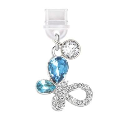 Imagem de ELISE & FONDA TP770 Tipo-C porta de carregamento antipoeira pequeno pingente de telefone borboleta de cristal para iPhone 15/16/Samsung/OnePlus/Xiaomi/oppo telefones Android (azul)