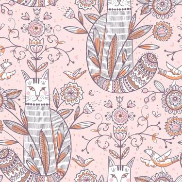 Imagem de VEELIKE Papel de parede floral rosa caprichoso e gato descasque e cole removível decoração de parede de gato boho para berçário 48 cm x 395 cm papel de parede autoadesivo com tema de gato rosa papel