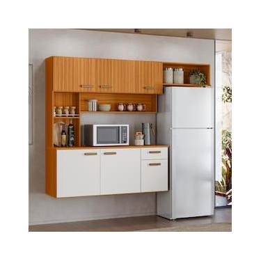 Imagem de Armário de Cozinha Suspenso Poliman Manu 6 Portas 1 Gaveta MDP Pintura UV Puxadores em Polímero Ripado Freijó Off White Acetinado