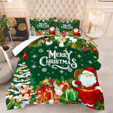 Imagem de EDGZKO Conjunto de edredom verde de Natal: Conjunto de cama King Size Feliz Natal Papai Noel, árvore de Natal, flocos de neve, colcha para adultos, mulheres, homens, decoração de ano novo, 1 edredom e