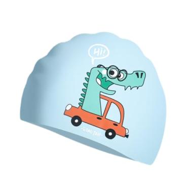 Imagem de UGPLM Touca de natação de silicone, touca de banho para cabelos longos, proteção auricular infantil, chapéu de natação à prova d'água para piscina,