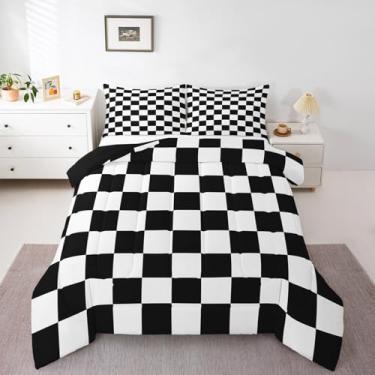 Imagem de Feelyou Jogo de cama retrô quadriculado para adolescentes e homens, preto, branco, xadrez, tamanho solteiro, geométrico, vintage, moderno, simples, decoração de quarto