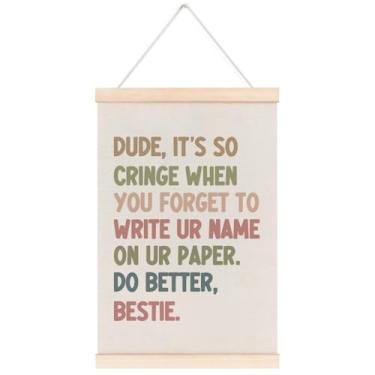 Imagem de laveliabel Moldura engraçada para pôster de sala de aula, pôster de faixa do ensino fundamental com cabide de madeira, presentes para professores, decoração de arte de parede para sala de aula, 30,5 x