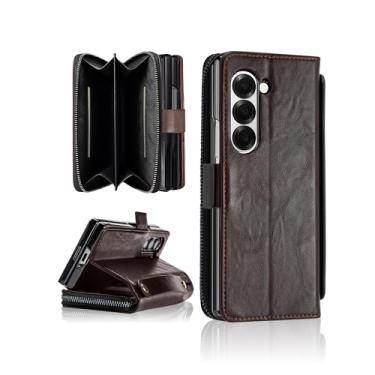 Imagem de Capa para Samsung Galaxy Z Fold 6 com suporte para caneta S – Capa carteira RFID com compartimentos para cartões e dinheiro, suporte, fecho magnético, vidro temperado e alça de pulso (café, para