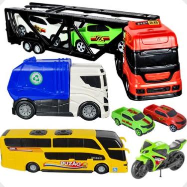 Imagem de Kit Ônibus Caminhão Cegonha 11 Peças com carrinhos Moto Miniatura Brin