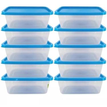 Imagem de Kit 1 litro Transparente com tampa Marmita Fitness Organizador Microondas Freezer(10,Azul)