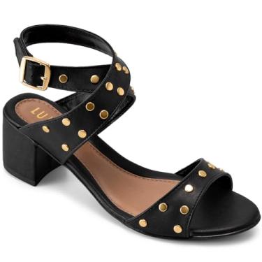 Imagem de Sandália Feminina Lumiss Salto Baixo Bloco Confortável Bico Redondo Tachas Dourada preto37