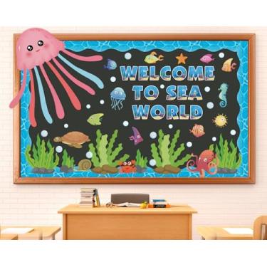 Imagem de Quadro de avisos de animais marinhos, decoração de sala de aula com tema marítimo para volta às aulas, recortes de polvo para crianças, material escolar, verão, oceano, peixe, cartolina, decoração de