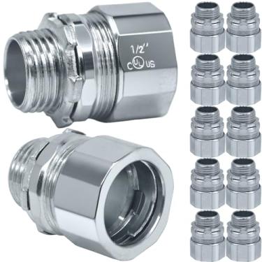 Imagem de Pacote com 10 conectores rígidos de compressão de aço, conector sem rosca de aço banhado a zinco com bobina de mola, acessórios de conduíte elétrico de metal para tubos RGD, caixa de ferro, caixa de