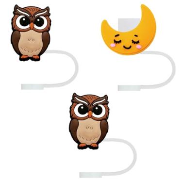 Imagem de STRACOUPI Tampa de palha de silicone de coruja marrom e lua para copos Stanley, acessório decorativo reutilizável, pacote com 3