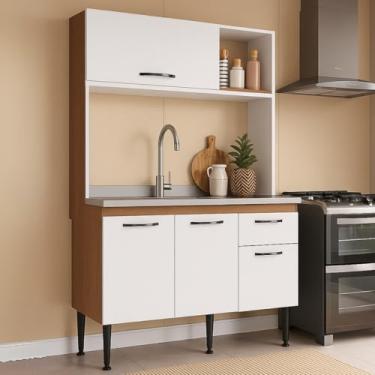 Imagem de Armário Cozinha Completa Marrom Freijó e Branco Compacta MDP 4 portas 1 gaveta