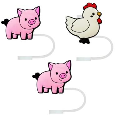 Imagem de STRACOUPI Tampa de palha de silicone Pink Pigs & Chicken para copos Stanley, acessório decorativo reutilizável, pacote com 3
