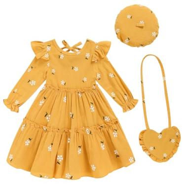 Imagem de Toddler Girl Dress Kids Long Sleeve Ruffle Dresses Fall Winter Outfit Hat Bag Floral Girls Casual Playwear Dress