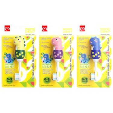 Imagem de MOMODENT Escova de Dentes Infantil para 0-3 Anos Bebe, Dinossauro, Cabo de Silicone Macio, Cabeça Macia, Limpeza Suave (Amarelo+Rosa+Azul - 3 unidades)