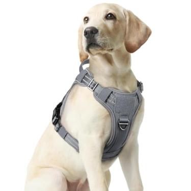 Imagem de rabbitgoo Peitoral tático para cães grandes, colete de serviço militar sem puxão, com tiras refletivas e alça de controle fácil para corrida, treinamento e caminhada - ajustável e confortável (cinza M)