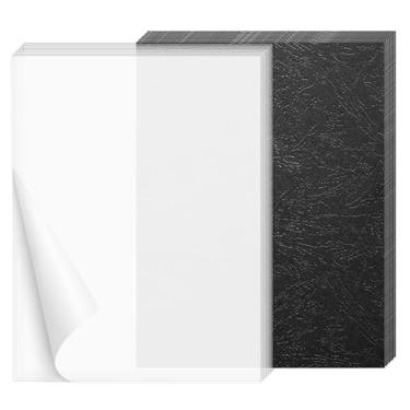 Imagem de Conjunto de 100 capas de encadernação de 21 x 28 cm, incluindo 50 peças de capas de encadernação de PVC transparente de 5 mil, 50 peças de couro preto texturizado de 12 mm