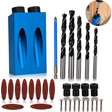 Imagem de 34 peças de gabarito de bolso, guias de madeira, ferramenta de ângulo de junta de furos de 15 graus, localizador de cavilha, dispositivo de posicionamento de furo com clipe de mola de parafusos