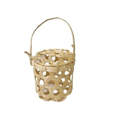 Imagem de Mini porta-copos de bambu trançado, cesta decorativa para xícaras de sorvete de café boba, artesanato tradicional(With lid and handle 10X10)