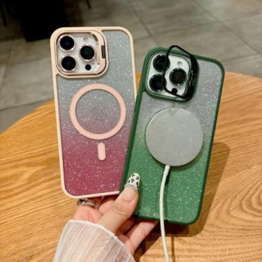 Imagem de Capa de celular luxuosa com flash magnético e pó para iPhone 15, 11, 13, 12, 16 Promax, com suporte e protetor de lente de vidro (para iPhone 12 Pro/Ouro Deserto)