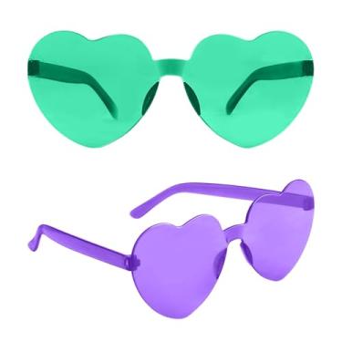 Imagem de QEYMN Óculos De Sol Em Formato Coração, Verde-Roxo, Pacote Com 2 Femininos, Masculinos, Acessório Para Traje Mardi Gras, Decoração Festa