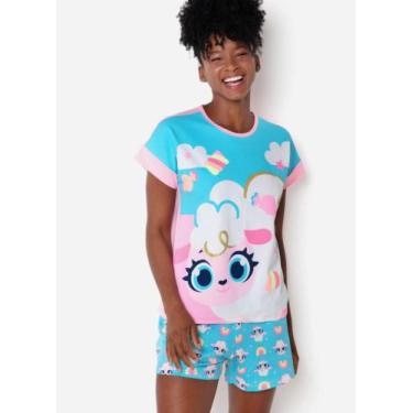 Imagem de Pijama Puket Manga Curta Viscolycra Feminino Ovelha Azul Céu M, Azul c