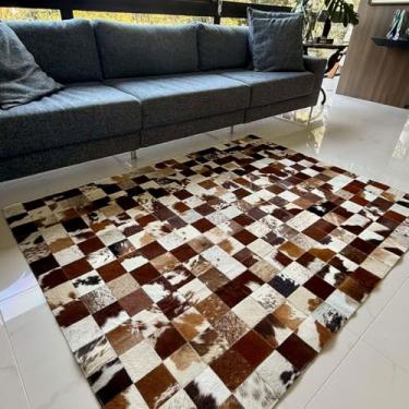 Imagem de Tapete de Couro Quadriculado Malhado Marrom e Branco 3x2m com placas de 10x10cm | 0081070