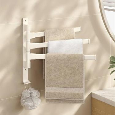 Imagem de Suporte de toalha giratório de alumínio para banheiro, sem necessidade de perfuração, suporte de parede ajustável para toalhas, creme branco triplo