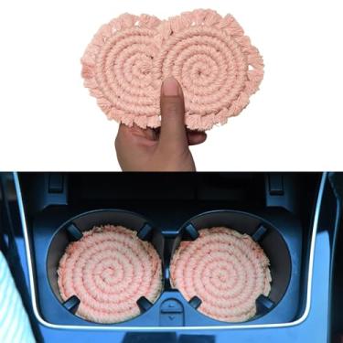 Imagem de Porta-copos de carro Boho para porta-copos, porta-copos de 2 peças para carro, porta-copos de macramê absorvente, conjunto de porta-copos fofo para mesa de escritório, rosa empoeirado