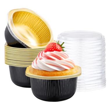 Imagem de Beasea Ramequins descartáveis com tampas, pacote com 25, 445 ml, 445 ml, copos redondos descartáveis de folha de alumínio, cupcake, mini pudim, sobremesas, copos de panificação para festas, negócios