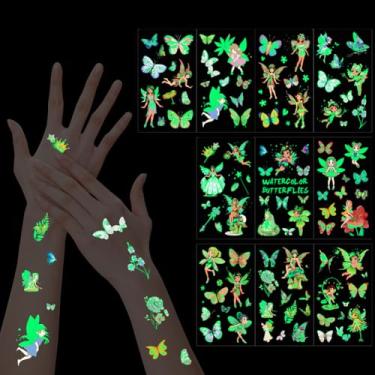 Imagem de 10 folhas de tatuagens temporárias mágicas de fadas e borboletas que brilham no escuro, para designs infantis, adesivos de tatuagens temporárias seguras, lembrancinhas de festa para meninas