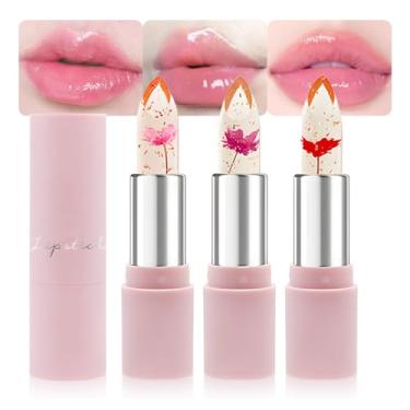Imagem de BINGBRUSH 3 peças de batom Ph que muda de cor, flor de geleia de cristal rosa humor claro de longa duração Labiales hidratante labial hidratante labial mágico coreano brilho labial 24 horas conjunto