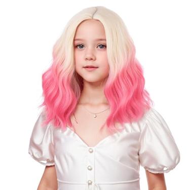 Imagem de Edivd Peruca loira rosa ombré para meninas, crianças, loira para rosa, parte lateral, ondulada, encaracolada, perucas para crianças, perucas sintéticas resistentes ao calor com touca